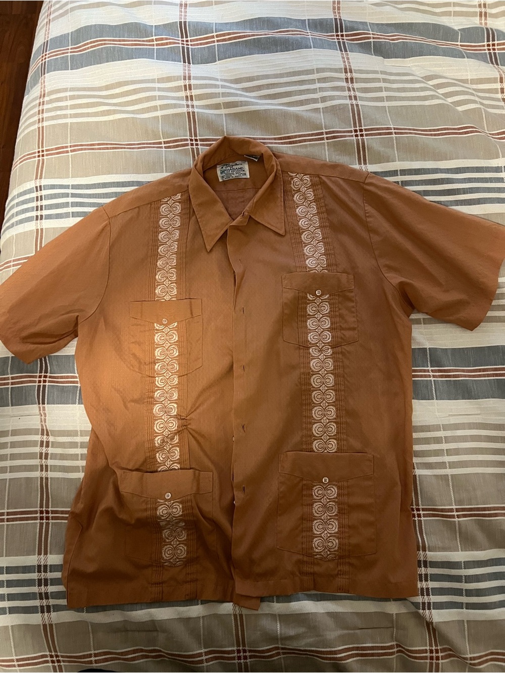 Vintage Haband of Paterson Guayabera Shirt Men Large Brown Embroidered Cuban SS